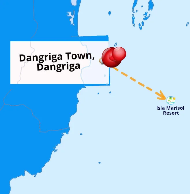 Reference map showing Dangriga and the route toward Isla Marisol at Glover’s Reef