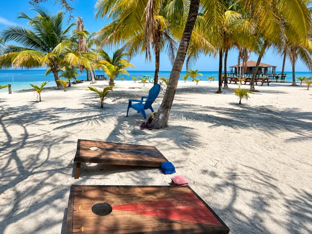 Cornhole boards on the palm-shaded beach