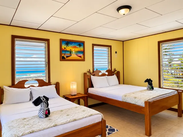 Reef House room with two beds and sea-facing windows